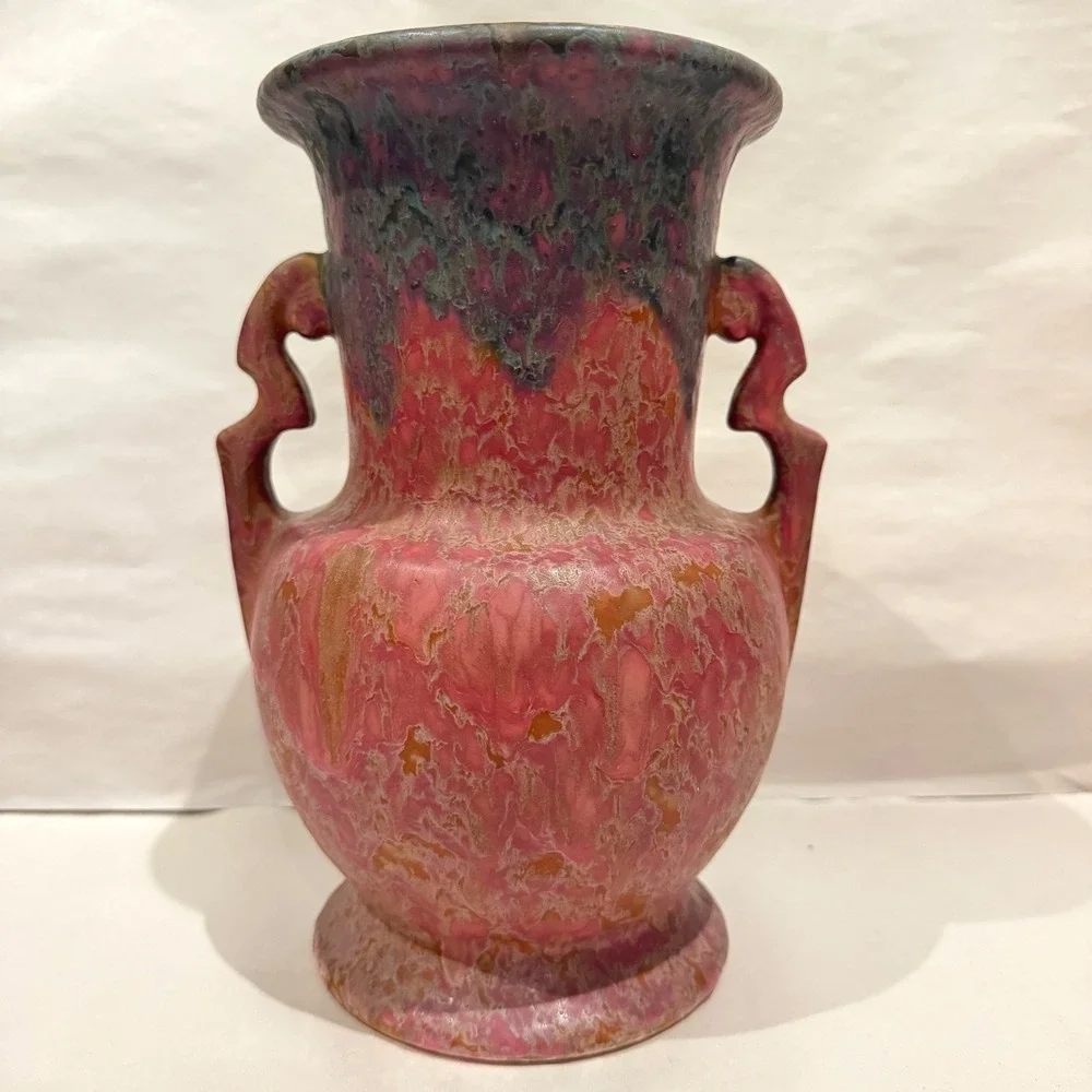 Antique Roseville Carnelian II 317-10 Rose Drip Glaze Handled Vase w/ OG Sticker